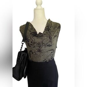 Olive Green Floral Cowl Neck Sleeveless Top